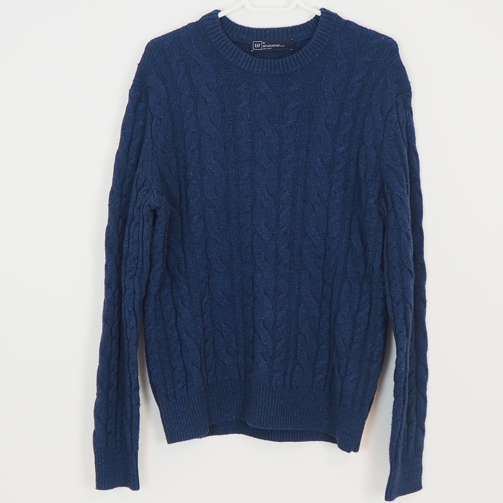 GAP Cable Knit Lambswool Blend Sweater Mens M Midnight Blue Preppy, Fisherman
